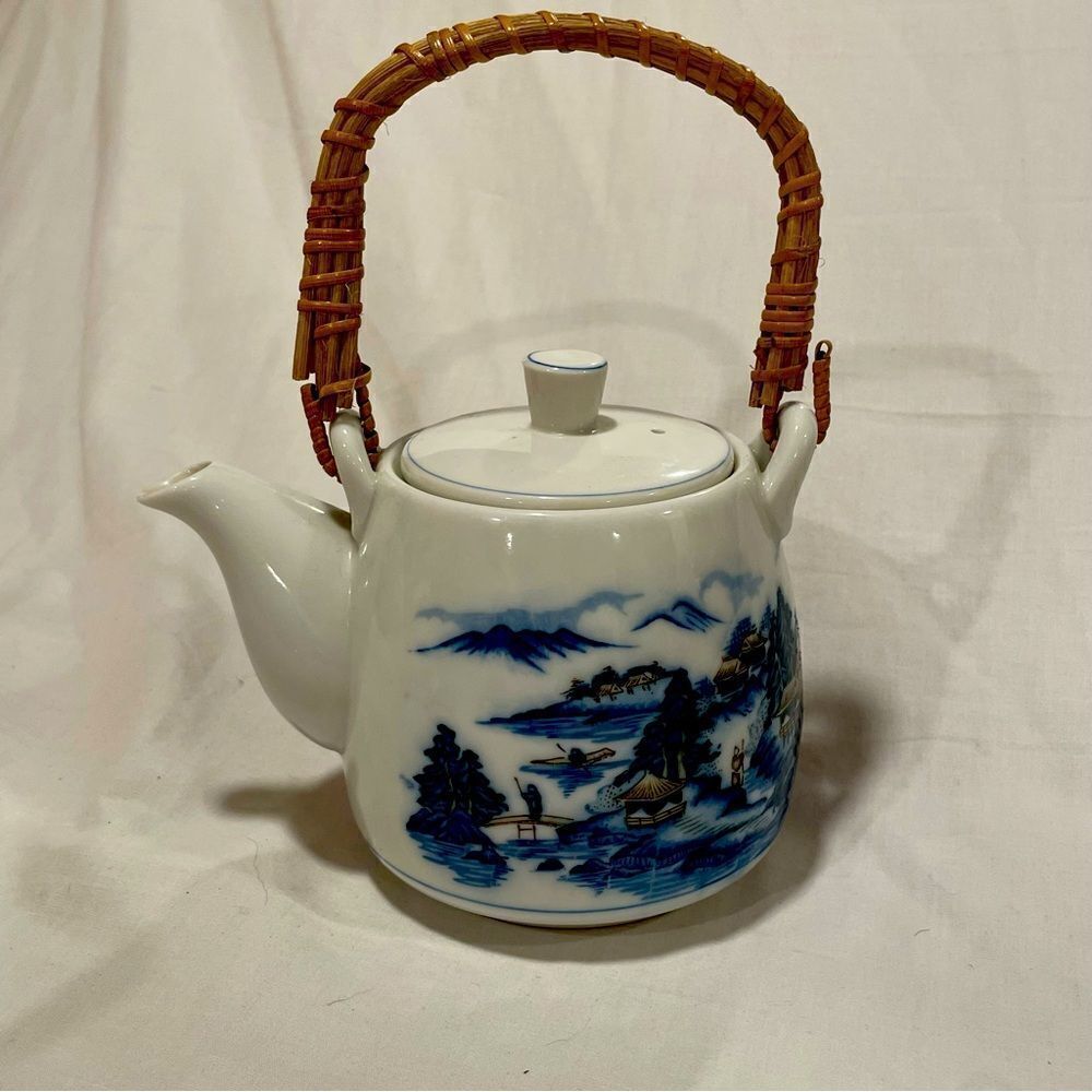 Vintage Japanese Porcelain 4.5" Teapot with Rattan Handle